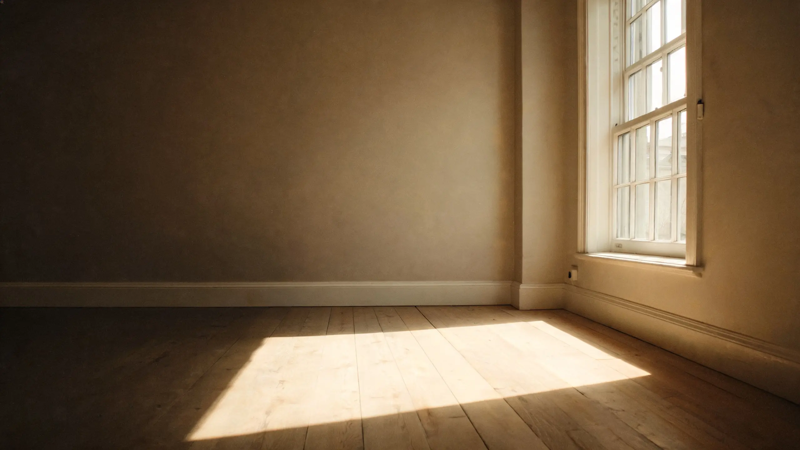 An empty room at handover, bare floorboards and a rectangle of light from a sash window