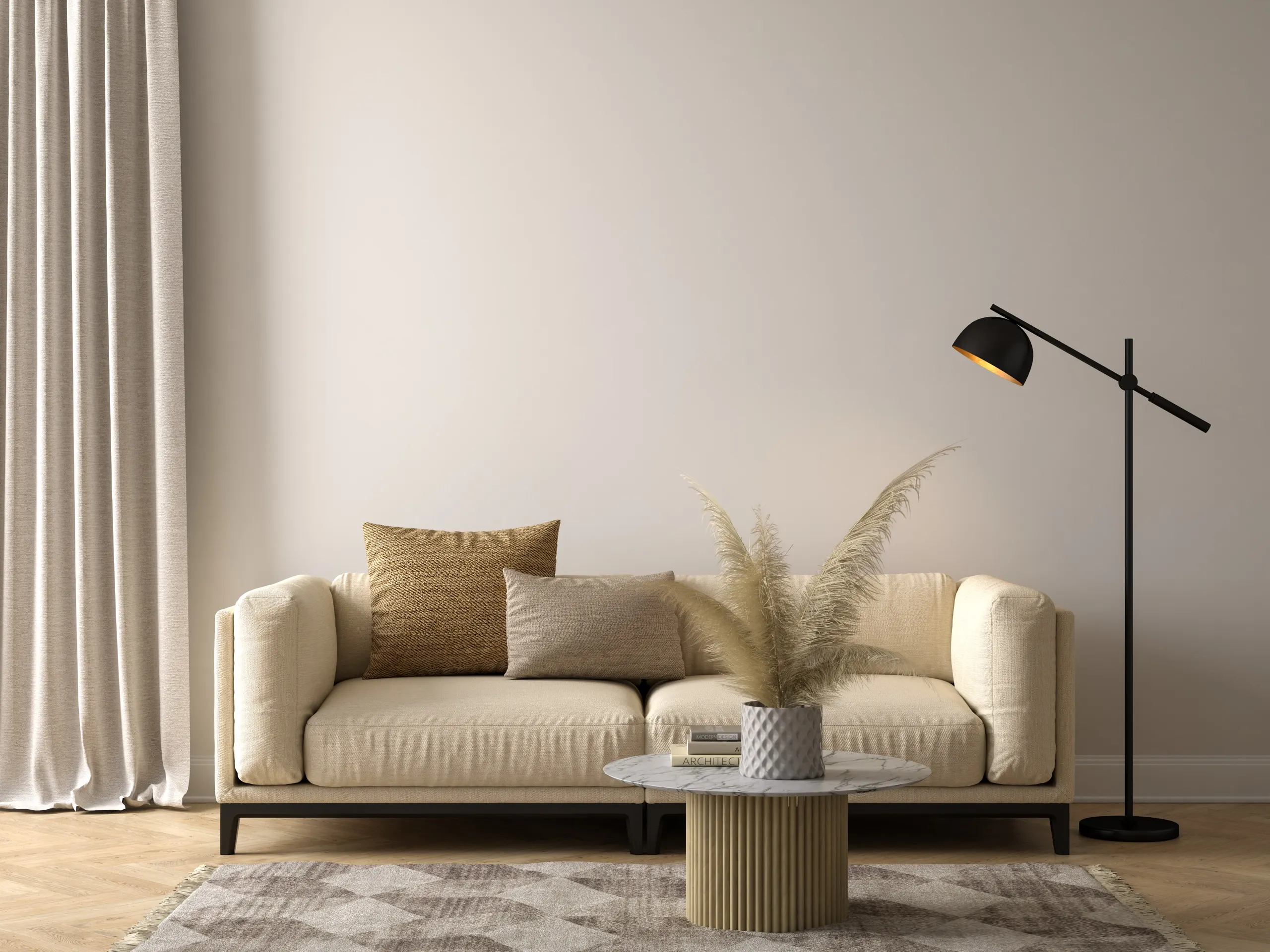 A calm living room in warm neutral tones, spotless and freshly finished