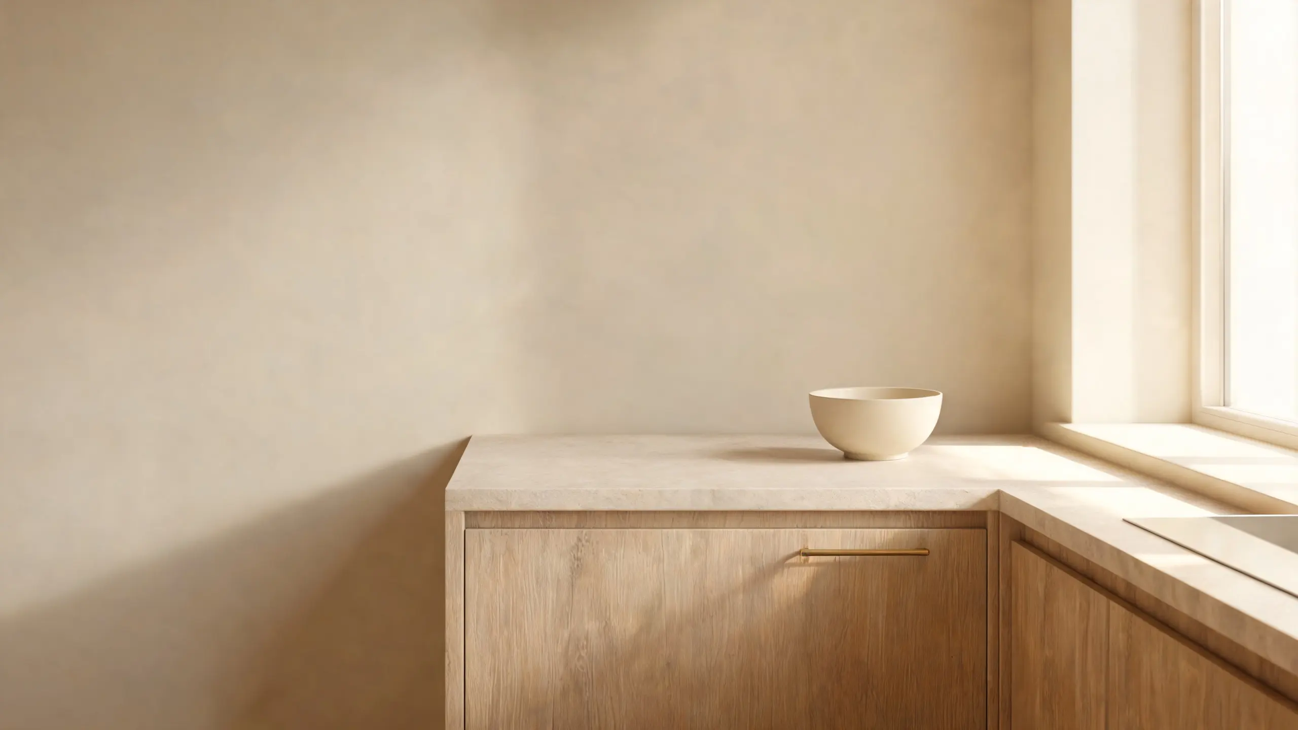 A kitchen corner in warm neutral tones, the worktop wiped clear and lit by a side window
