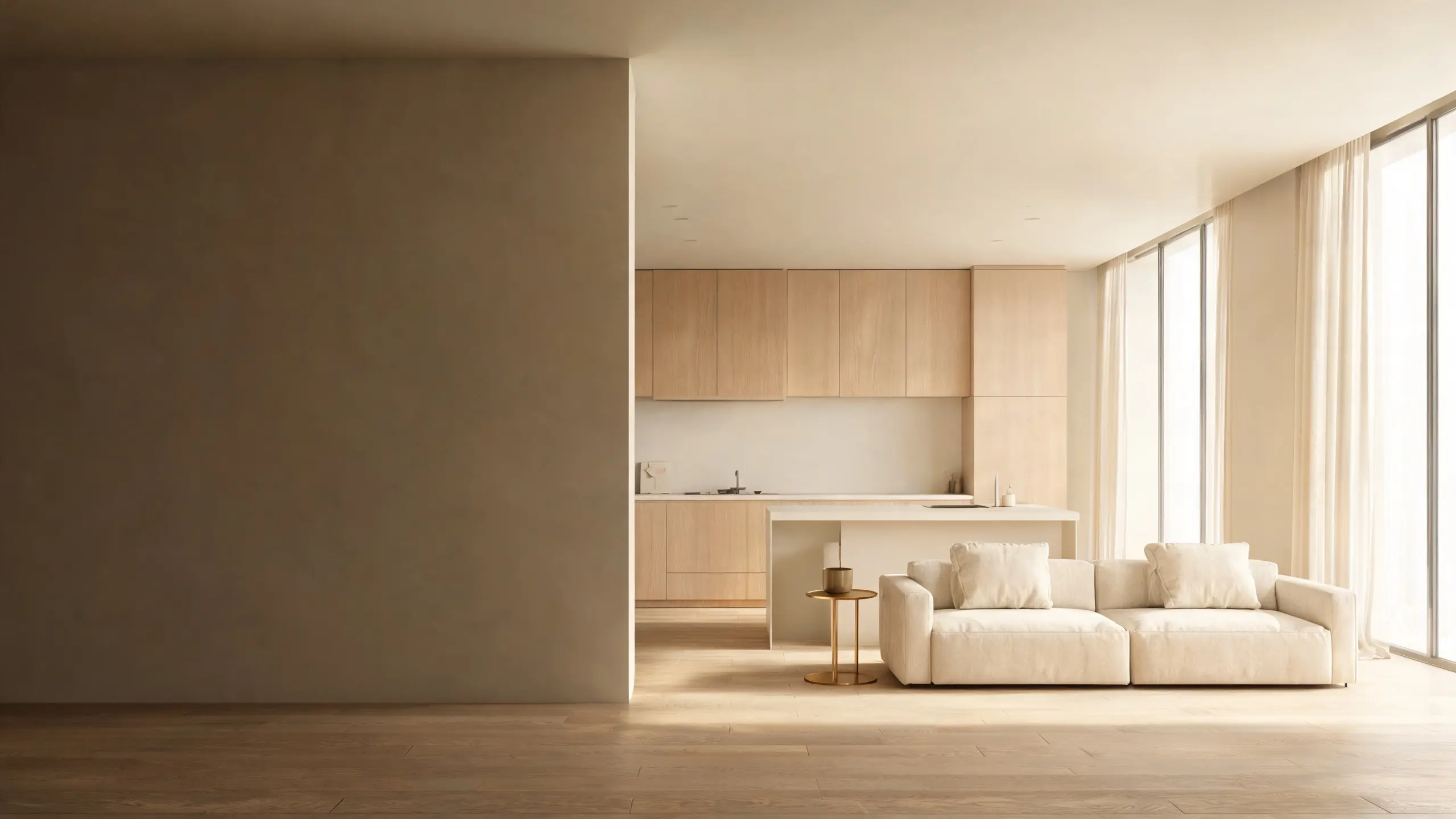 An open-plan living room and kitchen in warm neutral tones, everything in order